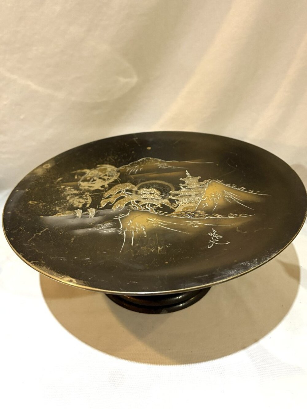 Brass Asian Decorative Pedestal Stand Etched Pagoda Mountain Fuji Artist Signed
